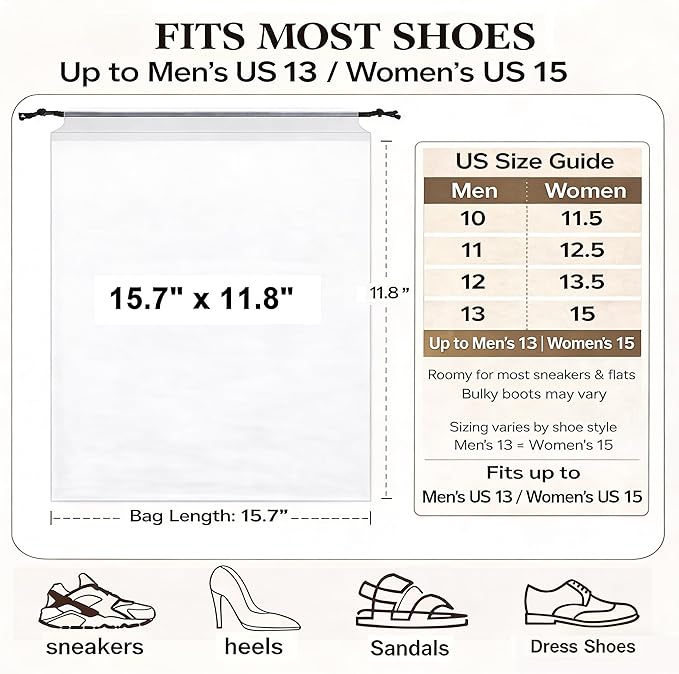5 Pack Clear Shoe Bags for Travel, 15.7"×11.8" PEVA Drawstring, Water-Resistant, Fits up to Men’s 12–13, Reusable Storage for Shoes, Clothes & Toiletries, Keep Luggage Tidy & Odor-Free