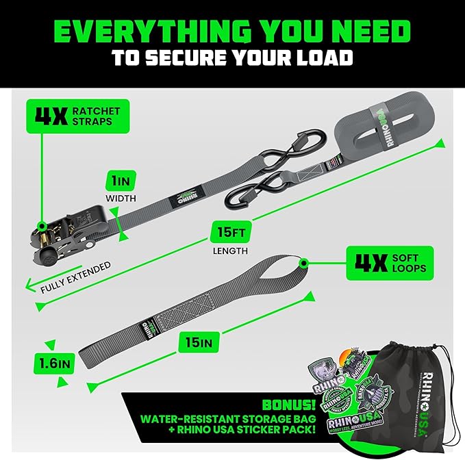 Rhino USA Ratchet Straps Tie Downs (4-Pack) - 1 Inch x 15 Feet (1,823lb Break Strength) - Ultimate Tie Down Straps with Safety S Hooks - for Trucks, Cargo, Moving, Appliances - Grey
