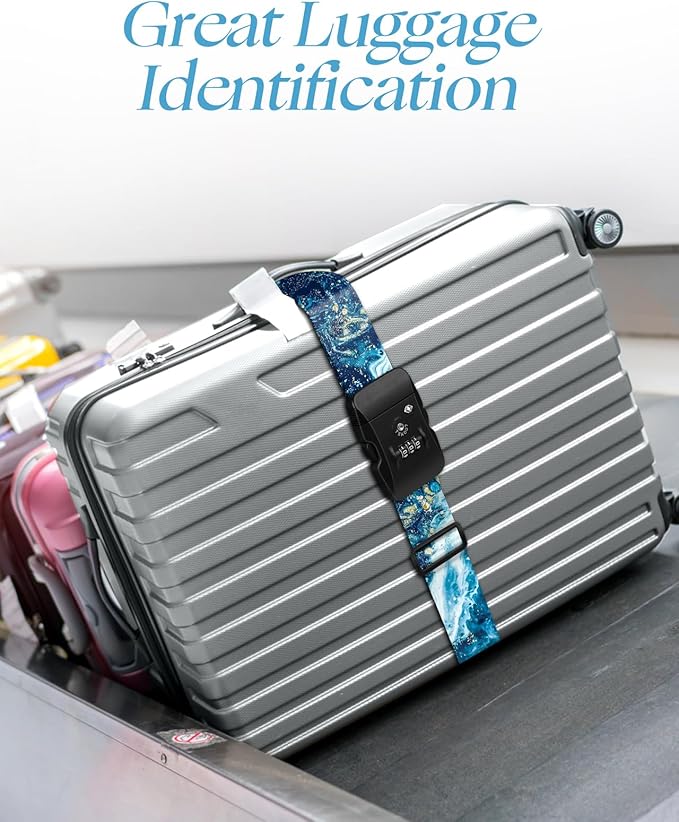 Slohif Luggage Straps TSA Lock for Suitcases - Travel Belt TSA Approved Accessories Luggage Identifiers Carry On Bag with Buckle Nylon Adjustable Band for Add a Bag Sea Wave