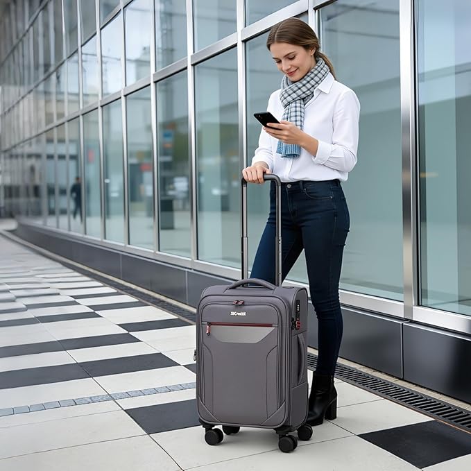 Carry on Luggage 22 X 14 X 9 Airline Approved,22 Inch Softside Suitcases w/TSA LOCK,Lightweight Carry-On Suitcase w/Spinner Wheels,Upright Softshell Luggage for Men/Women（Grey,22in）