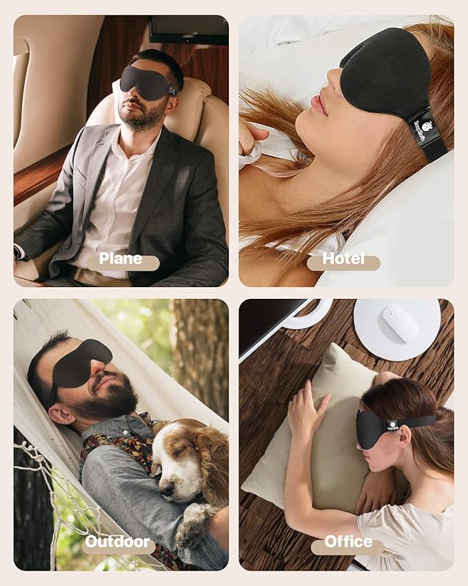 Sleep Eye Mask for Men Women, 3D Contoured 100% Blackout Eye Mask for Sleeping with Adjustable Strap, Soft and Comfortable Night Blindfold, Shade Cover for Travel Shift Work Nap, Black