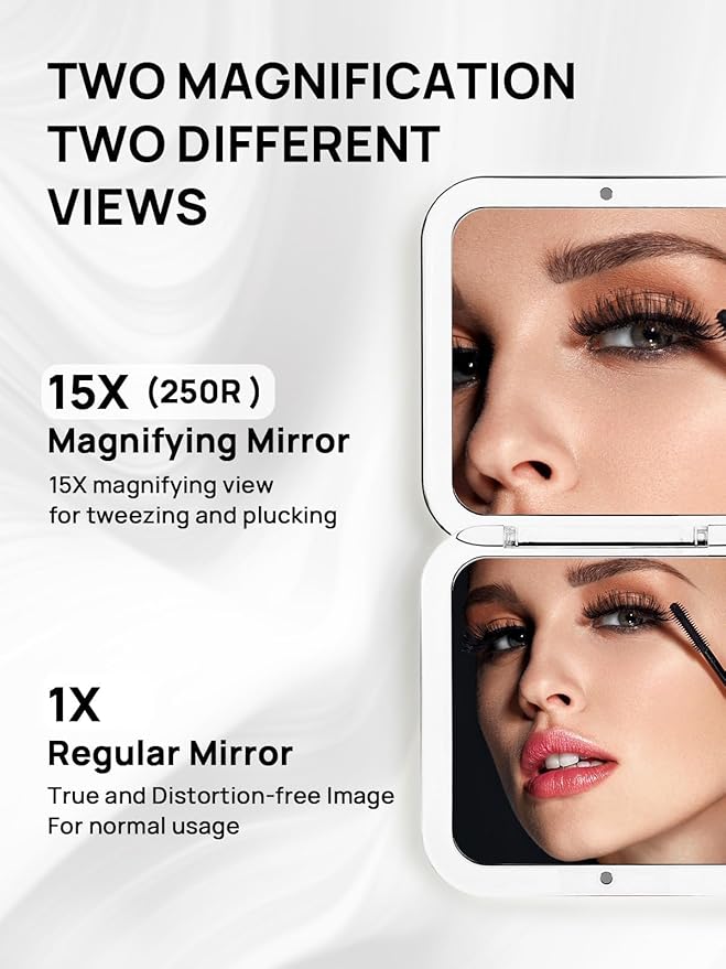 OMIRO Folding Compact Mirror, 1X/15X Magnification 3½” Pocket Size Square Hand Mirror for Travel Makeup (Transparent Black)