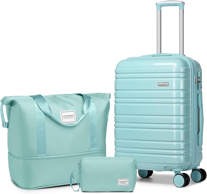 LARVENDER Carry on Luggage 22x14x9 Airline Approved, 20 Inch Hardside Suitcase with Wheels TSA Lock, PC+ABS Lightweight Travel Luggage Sets for Women, Glossy Sky Blue, 3 Piece Set