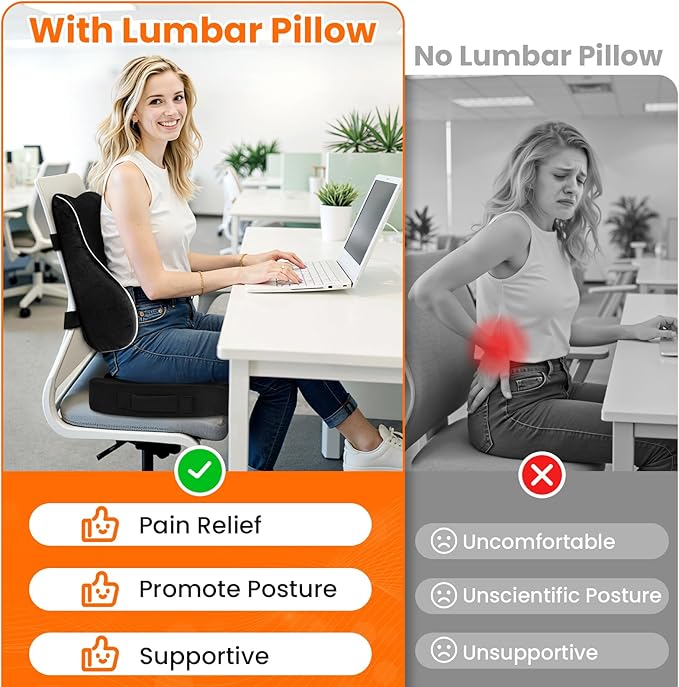 CloudBliss Ergonomic Lumbar Support Pillow Seat Cuhsion - Memory Foam for Lower Back Pain Relief, Adjustable Straps & Mesh Cover for Office, Gaming, Car Seat (Black)