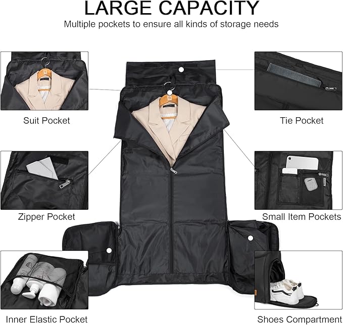 seyfocnia Garment Bags for Travel, Carry On Garment Bag Backpack, Convertible Garment Duffle Bag for Men Women, 4 in 1 Hanging Dress Suitcase Suit Travel Bag