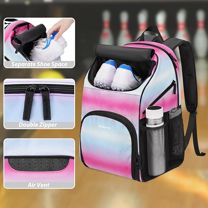Bosynoy Bowling Backpack, Bowling Ball Bag Totes for Single Ball with Shoe Compartment & Foam Padded, Fits Shoes Up to US Mens Size 16, Grey