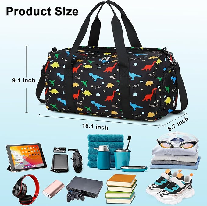 CAMTOP Kids Duffel Overnight Bag Boys Girls Toddler Weekender Carry-On Personalized Tote for Travel Gym Sport (Black Dinosaur)