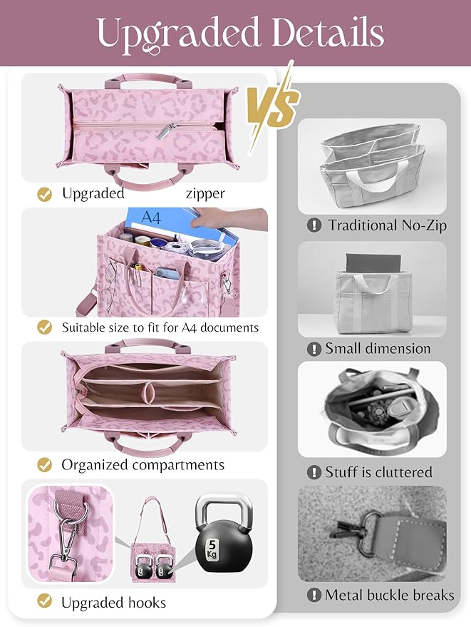 FIORETTO Canvas Tote Bag for Women with Zipper Closure & Individual Compartments for Work College for Teacher & Nurse