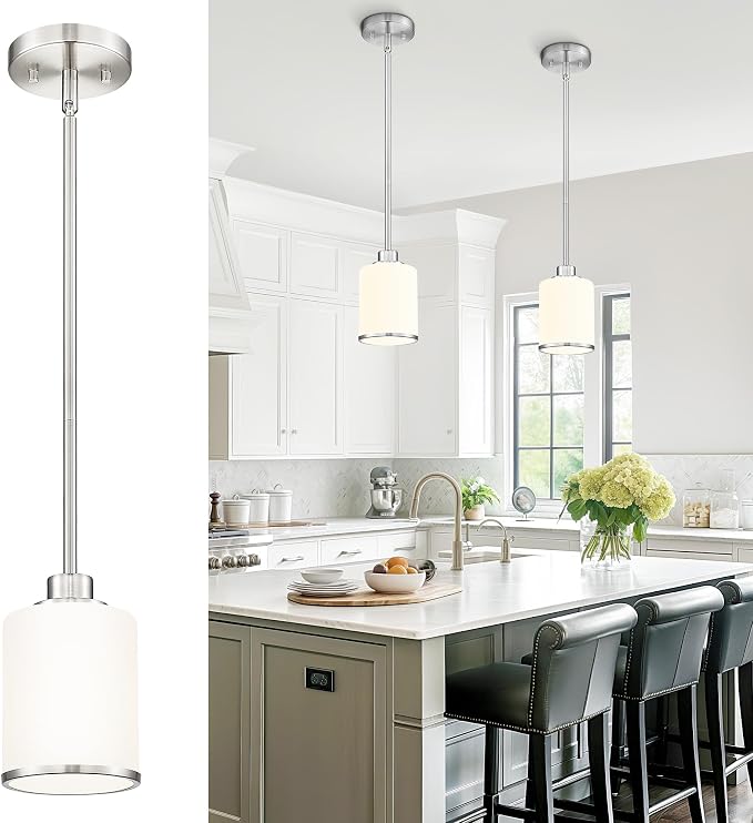 Beionxii BrushedNickel Pendant Lights Kitchen Island,Hanging Lights Fixture | Mini Kitchen Pendant Lighting Over Island with Milk Glass, Hanging Lights for Sink, Dining Room, Entryway, BX-PL02BN