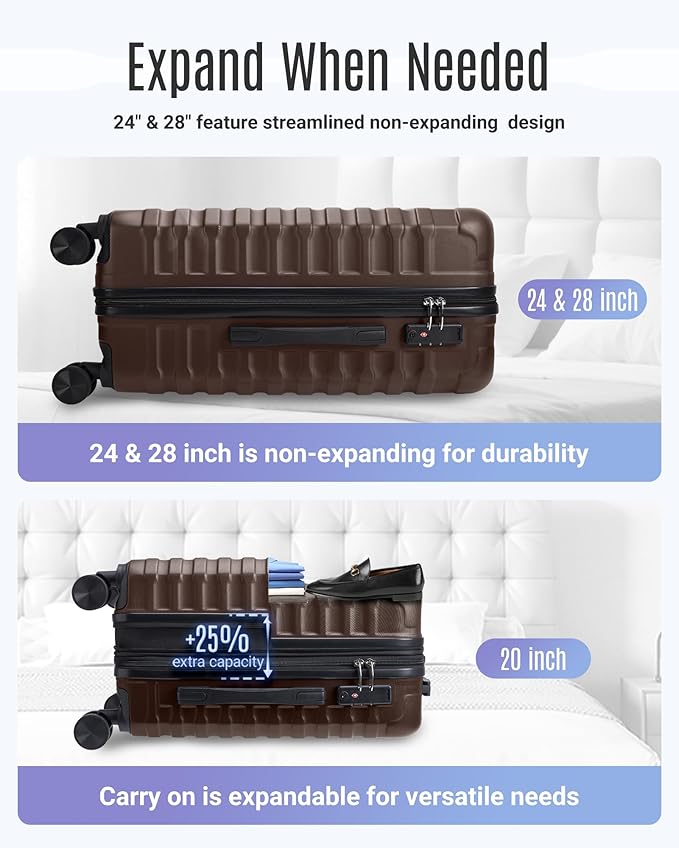 LIGHT FLIGHT Luggage Sets, 3 Piece Durable Suitcase Set with Spinner Wheels, 3 Pcs Hard Shell Lightweight Luggage with TSA Lock, Large Checked Travel Suitcases, 20/24/28 Inch,Brown