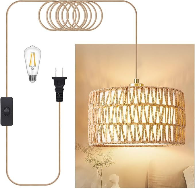 Plug in Pendant Light Rattan Hanging Lights with Plug in Cord | Woven & Fabric 2 in 1 LampShade, Hanging Lamp Plug in for Bedroom Living Room Kitchen Island (Bulb Included)
