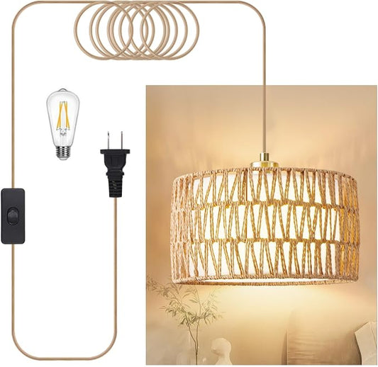 Plug in Pendant Light Rattan Hanging Lights with Plug in Cord | Woven & Fabric 2 in 1 LampShade, Hanging Lamp Plug in for Bedroom Living Room Kitchen Island (Bulb Included)