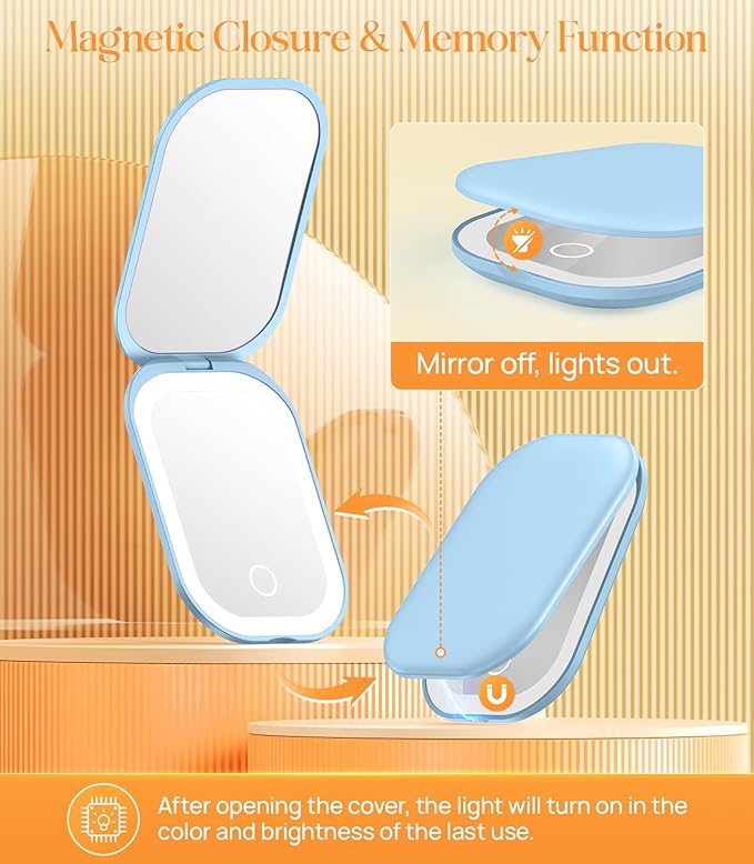 Gospire Lighted Travel Makeup Mirror with Light and Magnification 1X/3X, Stepless Dimming and 3 Color Adjustable Lights, Rechargeable Battery and Compact Size for Purse and Portable Use - Blue