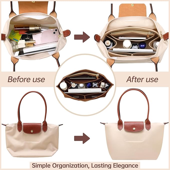OPPOSHE Purse Organizer Insert for Longchamp Le Pliage, Premium Felt Long Champ Bag Handbag Women, Tote Organizer Insert with 9 Compartments (Large, Earth Brown)