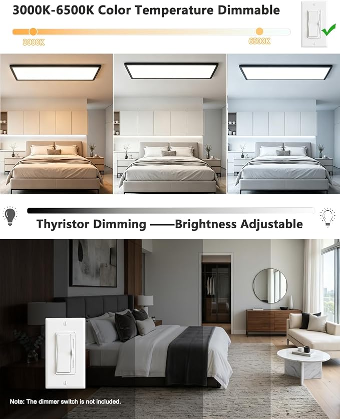 2Pack Black 23.6In Flush Mount Ceiling Light, 14W 3000lm Thyristor (TRIAC) Dimmable Rectangle LED Ceiling Light,3-CCT 3000-6500K with Memory Funcation,IP54 for Kitchen/Bathroom/Hallway/Office