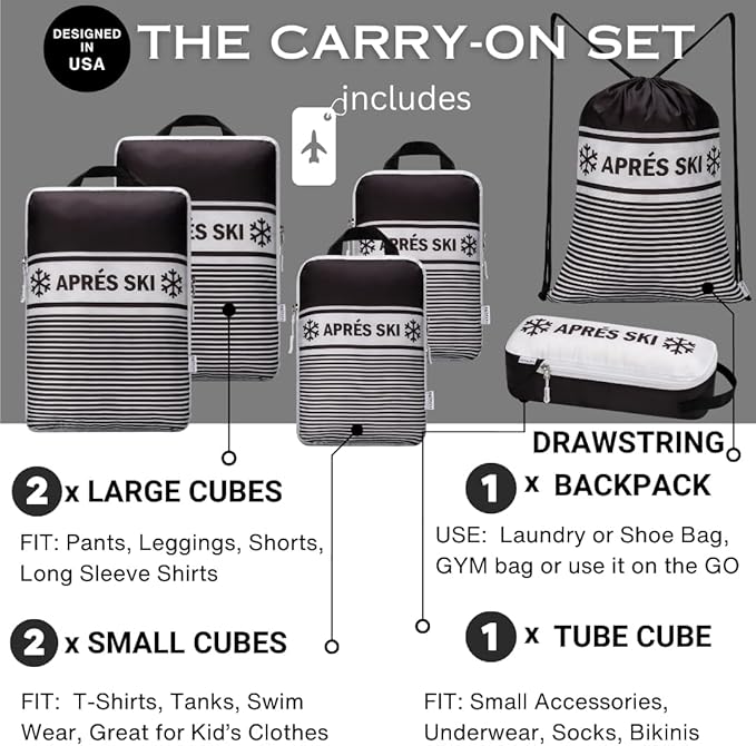 Apres Ski Compression Packing Cubes for Travel 6PC Set, Suitcase Organizer & Space Saver Bags for Luggage with Drawstring Backpack, Apres Ski Bags