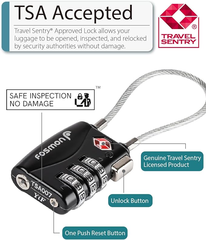 Fosmon TSA Approved Cable Locks for Luggage, Suitcase, Gun Case with Push Release Button, 3 Digit Long Shackle Combination Wire Locks for Backpack Zipper Anti Theft, Gym Locker -2 Pack, Black
