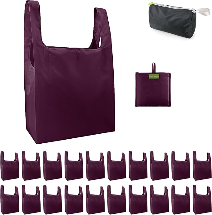 BeeGreen Burgundy Reusable Shopping Bags Wholesale Wine Red Reusable Grocery Bags Bulk Foldable-Machine Washable with Zipper Storage Pouch 20 Pieces