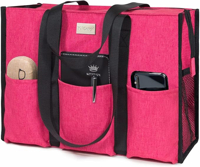 TOPDesign Utility Water Resistant Tote Bag with 13 Pockets, Top Zipper Closure & Thick Bottom Support, for Working Women