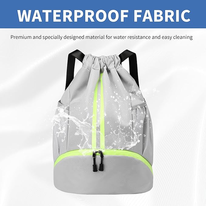 Drawstring Backpack Gym Bag with Shoes Compartment for Soccer, Basketball, Swim, Water-Resistant String Backpack Beach Cinch for Women Men, Grey
