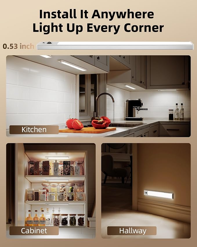 EZVALO 3-Pack 16.5inch Under Cabinet Lighting with Remote, 4000mAh Rechargeable Motion Sensor Lights, Magnetic Dimmable Closet Light, 3 Color Temps Wireless Lights for Kitchen, Pantry, Stair