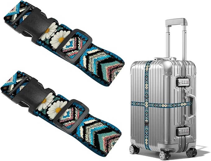 Nuxovilar Luggage Straps of 2 Set Ethnic Style & Daisies Pattern, 1.96x90.5 inches - Luggage Straps for Suitcases, Great for Cultural Trips, Outdoor Events, Daily Travel