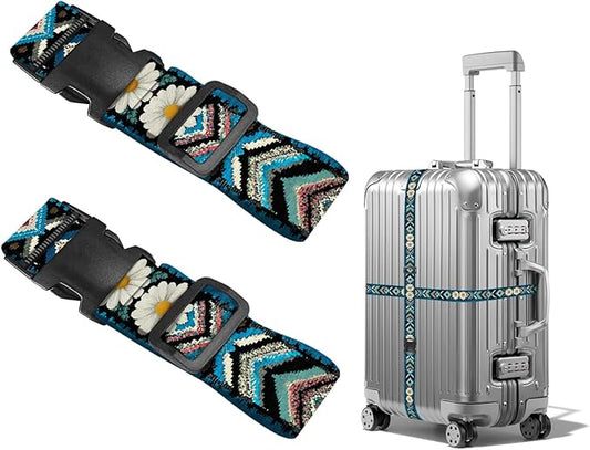 Nuxovilar Luggage Straps of 2 Set Ethnic Style & Daisies Pattern, 1.96x90.5 inches - Luggage Straps for Suitcases, Great for Cultural Trips, Outdoor Events, Daily Travel