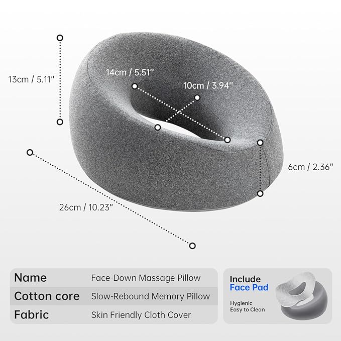 Face Down Pillows for Massage Table, Massage Headrest for Bed, Face Pillow for Stomach Sleeping, BBL Pillow After Surgery Post Eye Surgery & Vitrectomy Recovery, Removable Cover Grey