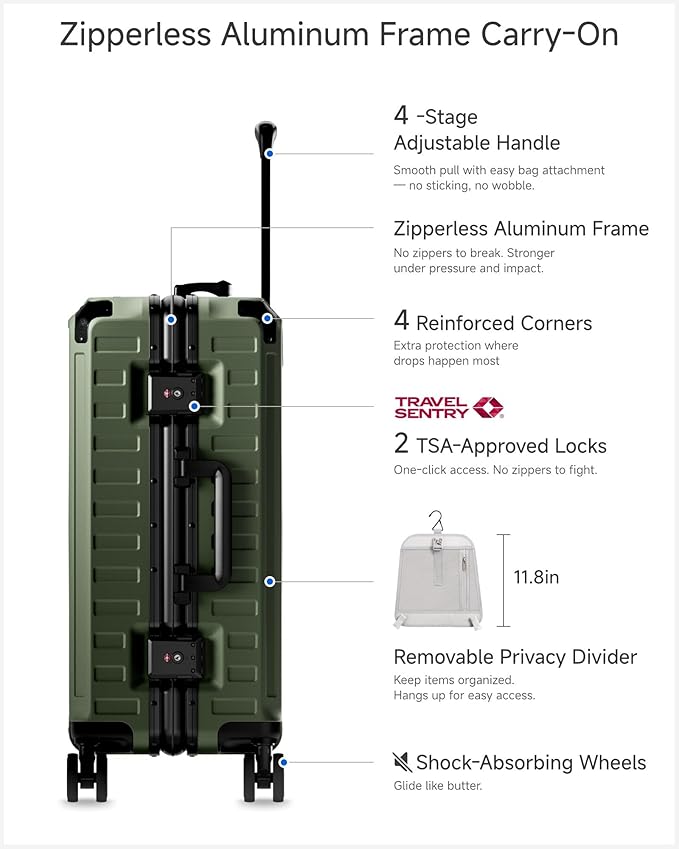 LUGGEX Carry On Luggage with Spinner Wheels, 8010S Aluminum Frame Zipperless Polycarbonate Hard Shell Suitcase (ZX-Core, Green, 21 Inch)