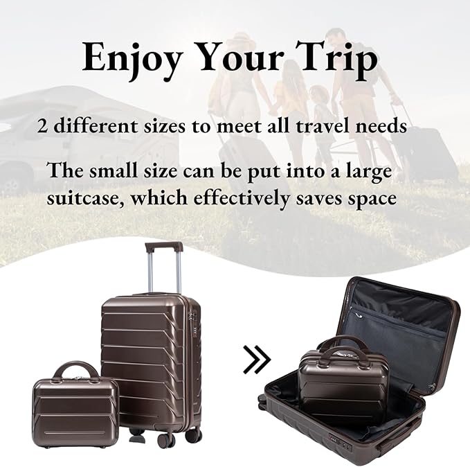2-Piece ABS Hard Shell Lightweight Carry-On Luggage Set (14" & 20"), 360-Degree Spinner Wheels, Adjustable Telescopic Handle and Combination Lock for Travel, Brown