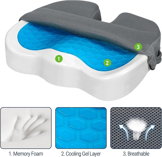 Season Guard Gel Seat Cushion – Office Chair Cushion – Non-Slip Gel Memory Foam Coccyx Cushion for Tailbone Pain - Desk Chair Car Seat Cushion Driving - Sciatica Back Pain Relief, Mesh, Grey