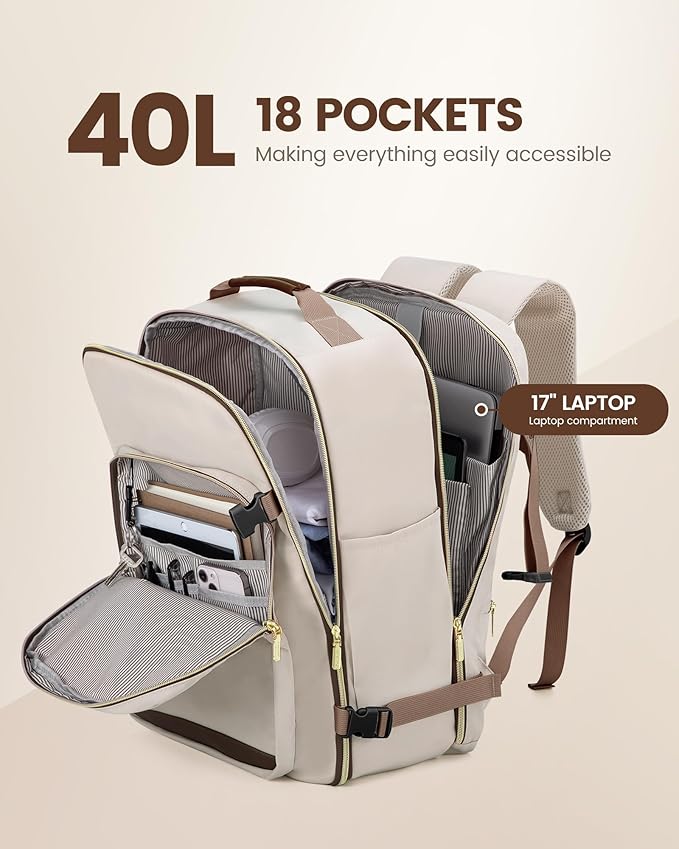 LOVEVOOK Travel Backpack for Women & Men 40L,Airline Approved Carry On Backpack Travel Essentials,TSA Carry on Luggage,Waterproof Personal Item Travel Bag,Suitcase with 3 Packing Cubes,Primary-Coffee