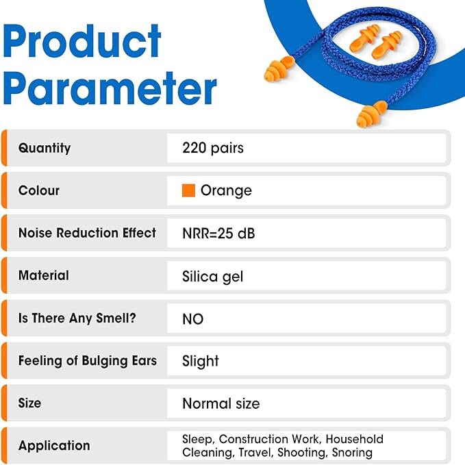 AZEN 220 Pairs Silicone Ear Plugs, Reusable Earplugs for Noise Reduction, 25dB NRR Corded Ear Plug for Sleeping Noise Cancelling, Ear Plug with String Individual Packing