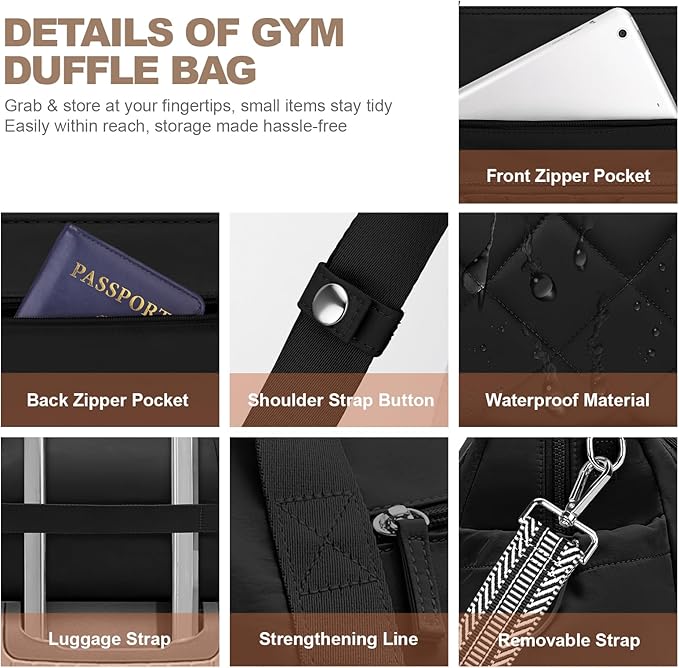 Gym Bag for Women, Duffle Weekender Bags for Travel, Lightweight Weekender Tote with Wet Pocket for Sports, Workout and Dance Black