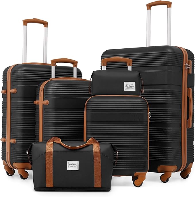 LONG VACATION 6 Piece ABS+PC Hardshell Luggage Set with Spinner Wheels, Lightweight suitcase set with TSA Lock & YKK Zipper
