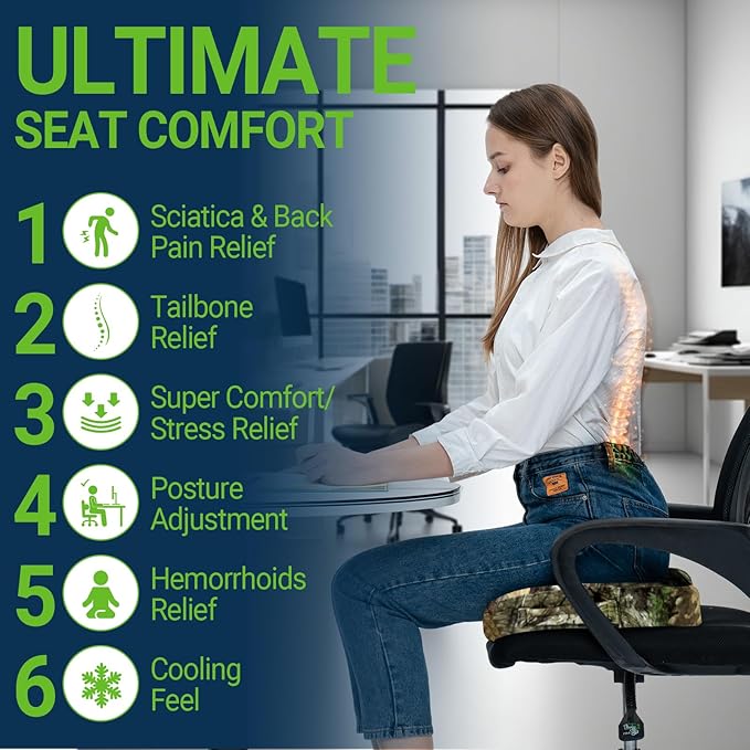Season Guard Tailbone Pain Relief Office Chair Seat Cushion, Memory Foam Gel Seat Cushion for Sciatica Pain Relief with Washable Cover, Butt Cushion for Long Sitting, Velvet, Mossy Oak