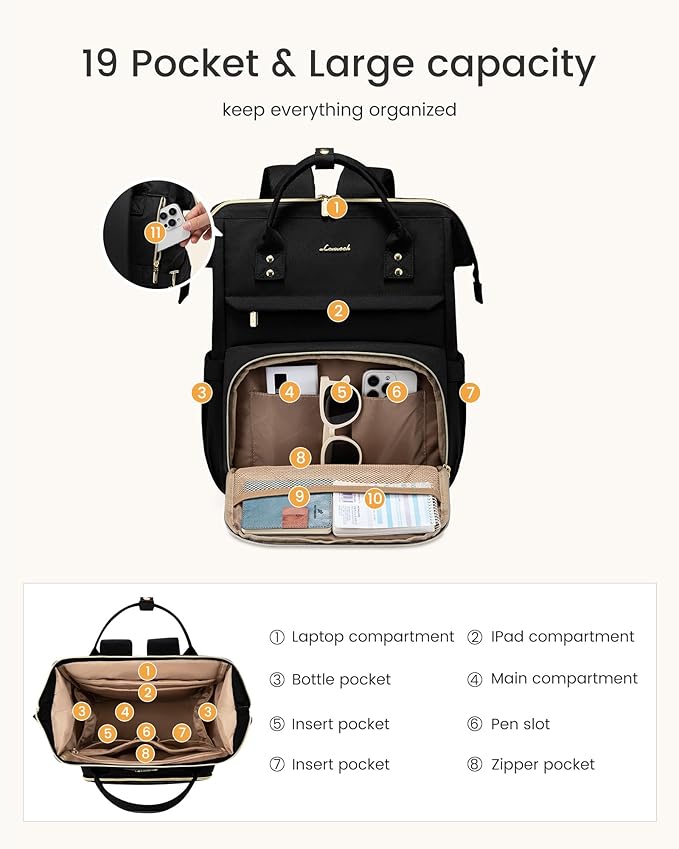 LOVEVOOK Laptop Backpack for Women with Giant Tumbler Holder Pocket,18 inch Waterproof Travel Backpack Purse Computer Laptop Bag,Professional Work College Nurse Teacher Backpack Casual Daypack,Black