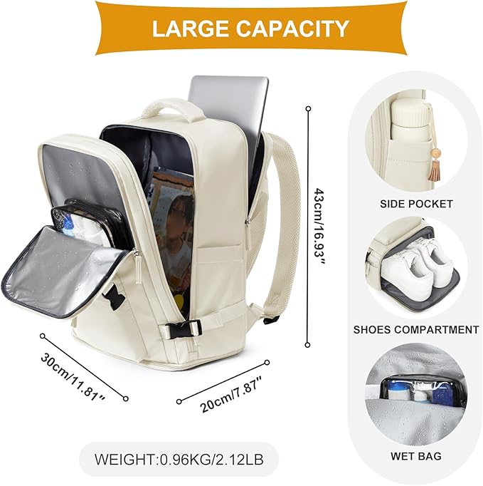 coowoz Travel Backpack For Women Men Airline Approved,Carry On Backpack,Hiking Laptop College Backpacks Waterproof Outdoor Sports Rucksack Casual Daypack Fit 15.6 Inch Backpacks,Beige
