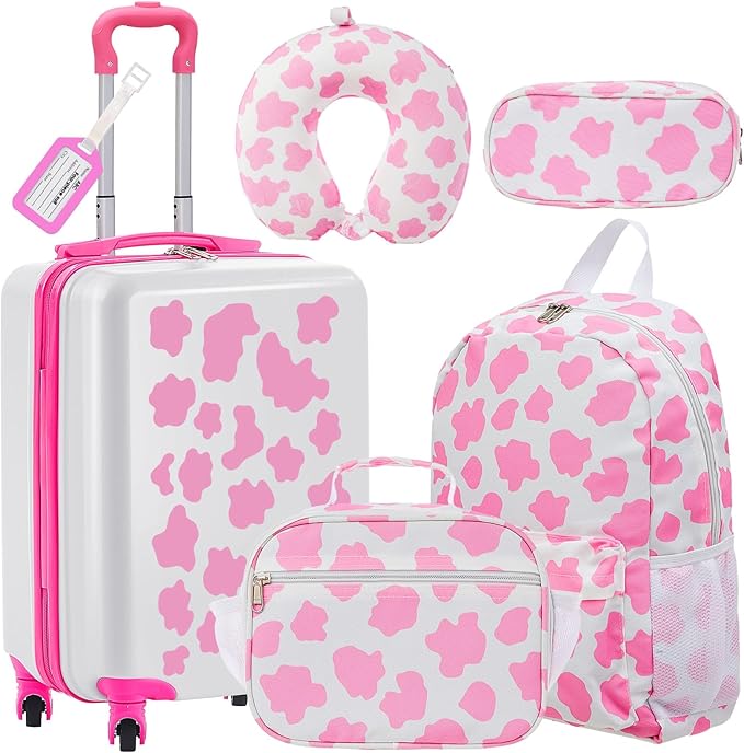 Redbaker 17 Inch 6 Pcs Kids Luggage Set Kids Rolling Luggage Double Pattern Suitcase for Boys Girls (Pink and White, Cow Point Style)