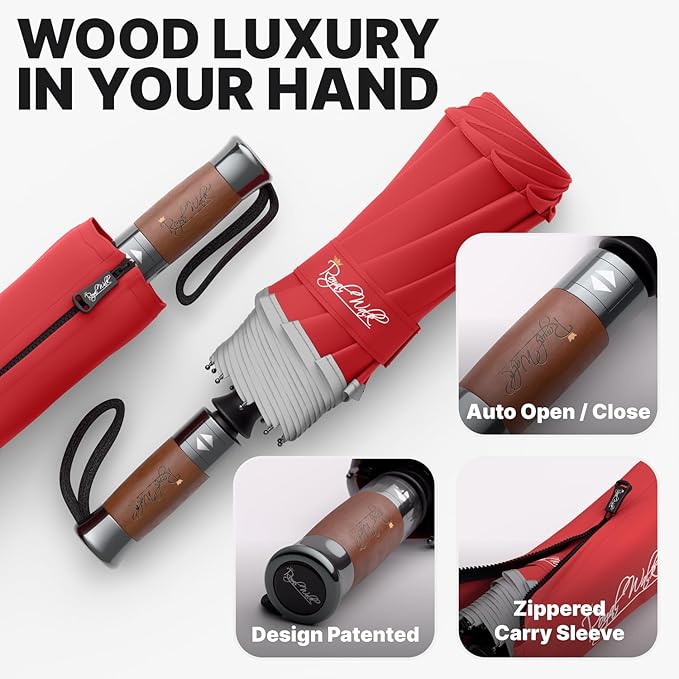 Royal Walk Windproof Folding Travel Umbrella Compact and Strong Luxurious Real Wood Handle Automatic Open Close Vented Double Canopy for Men and Women