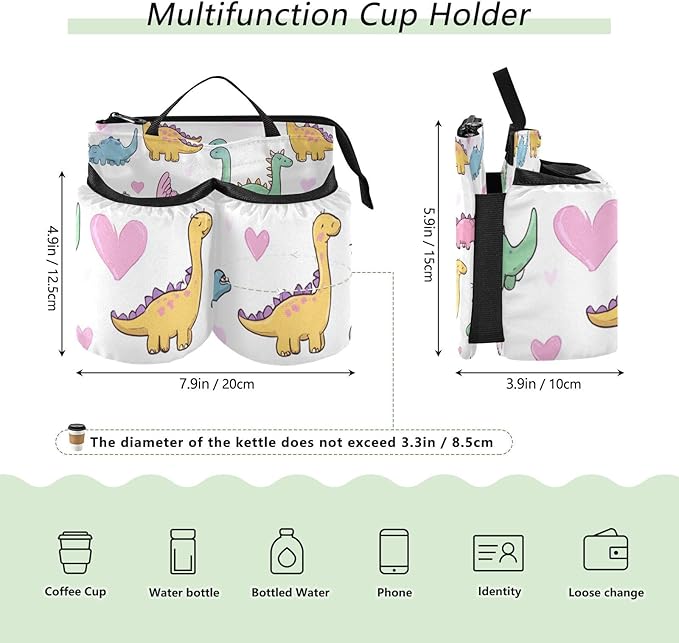 Cute Dinosaurs and Hearts Luggage Cup Holder Travel Portable Free Hand Drink Carrier Suitcase Drinks Beverage Holder Carry-On Bottle Mug Holder Organizer Bag Travelers Accessories