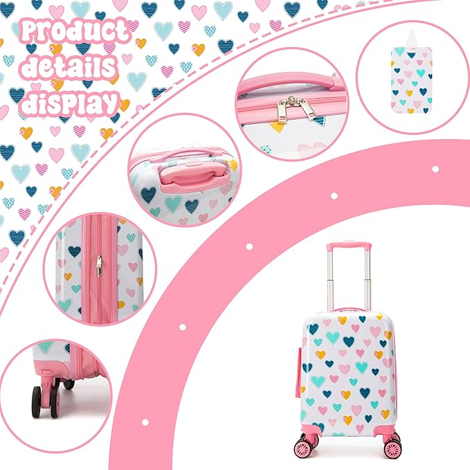 Kid's Luggage Set 2 Piece Suitcase Set Hardside Luggage with Spinner Wheels Girls Carry on Toddler Travel Rolling Suitcase with Neck Pillow Airline Approved