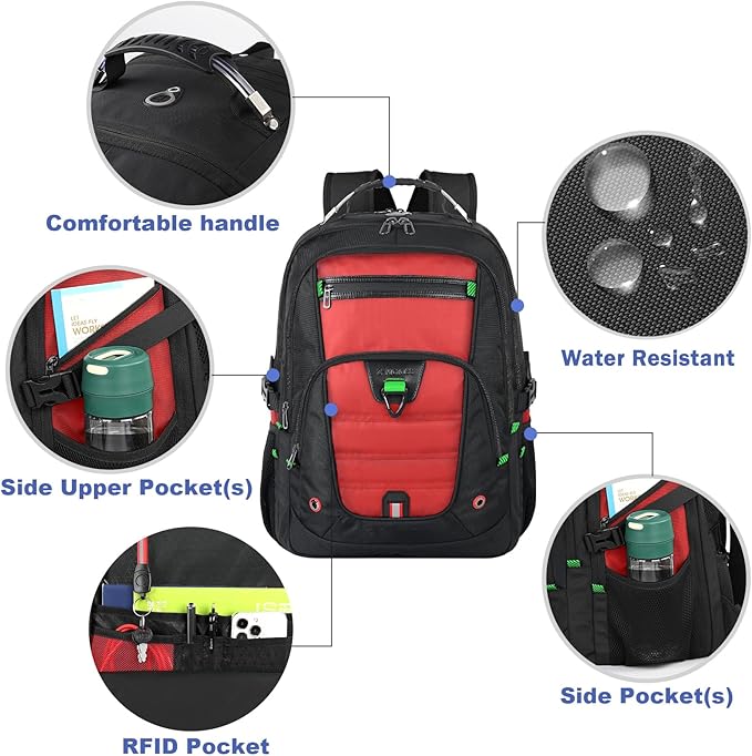 Z-MGKISS 18.4-19 Inch Extra Large Laptop Backpack, Travel Backpack for Men & Women, School Rucksack Bag with USB Charging Port and Multiple Compartments, Business Work College Daypack, Red