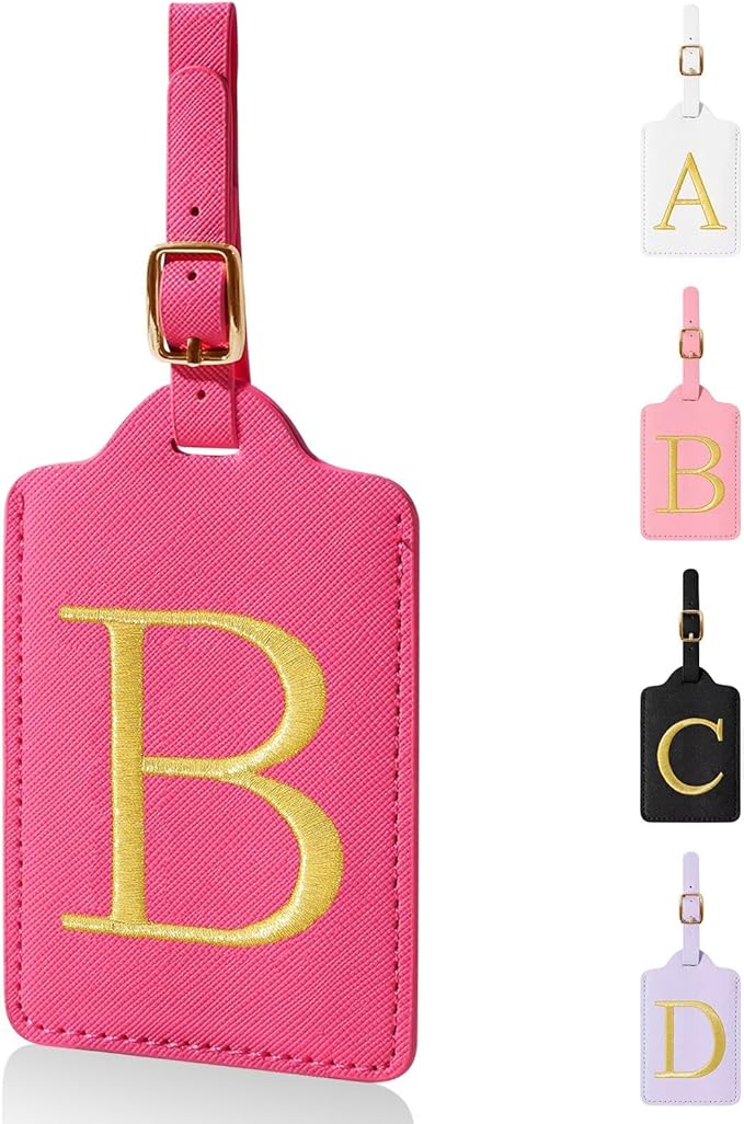 Personalized Initial Luggage Tags for Suitcases,Leather Letter Cute Luggage Tags with Privacy Name Card,Embroidered Monogrammed Travel Bag Backpack Tag Gifts for Women Kids Girls Teens(Rosered-B)