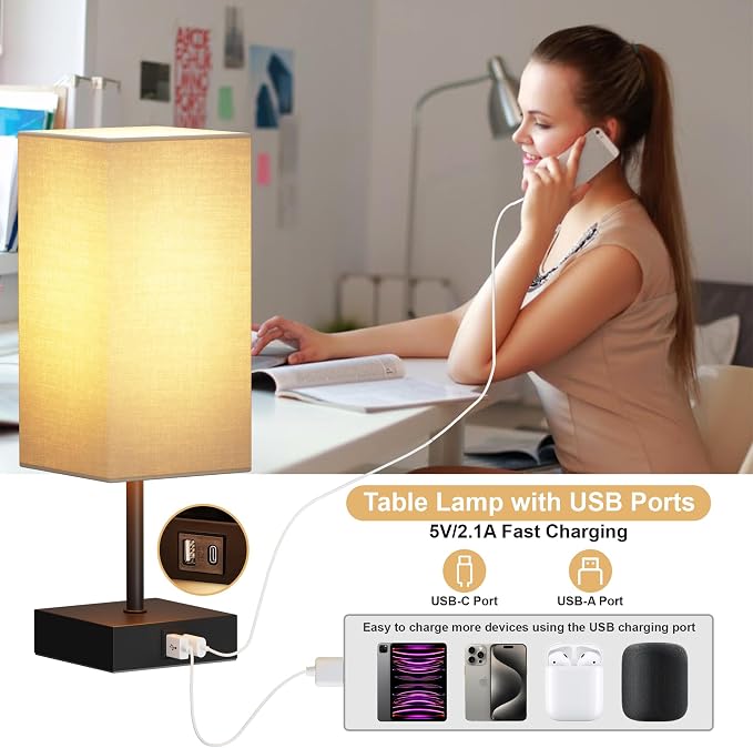 Bedside Table Lamp for Bedroom with 2 USB Ports, 14-Inch, Beige | USB A+C Ports, Touch 3-Way Dimmable LED Bulb Included Fabric Lampshade Metal Base Small Nightstand Lamp for Desk Living Room