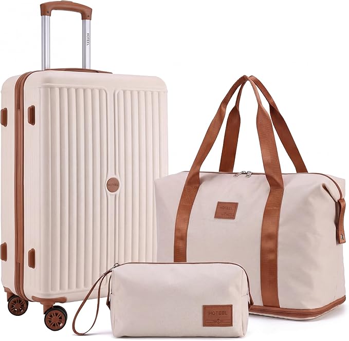 Hoteel Luggage Set 3 Piece, 4-Year Warranty, Suitcases with Wheels, PC+ABS Hardshell Suitcase, TSA Lock, Including Waterproof Luggage Bag, Travel Maletas for Men & Women, Beige