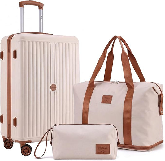 Hoteel Luggage Set 3 Piece, 4-Year Warranty, Suitcases with Wheels, PC+ABS Hardshell Suitcase, TSA Lock, Including Waterproof Luggage Bag, Travel Maletas for Men & Women, Beige