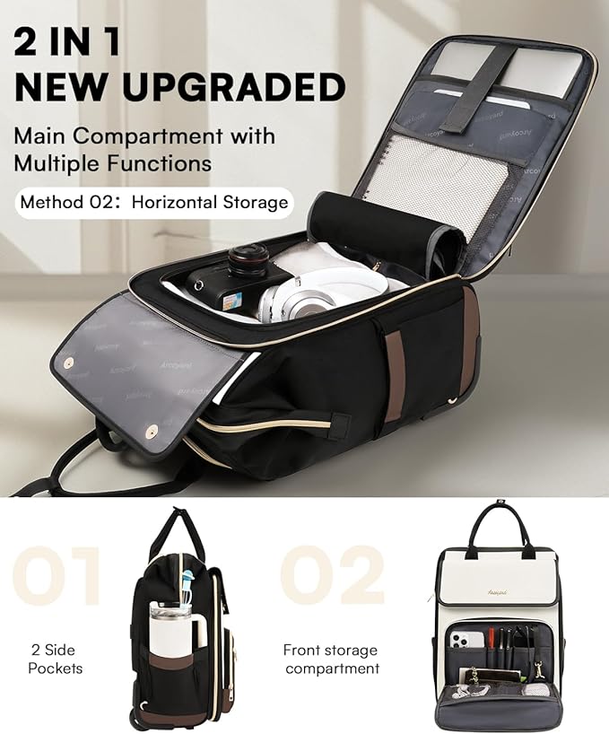 Rolling Backpack for Women, Travel Rolling Laptop Backpack with Wheels, Vertical & Horizontal Storage 2 In 1, Flip-Top Design, Water-Resistant Overnight College Underseat Carry on Luggage, Beige Brown