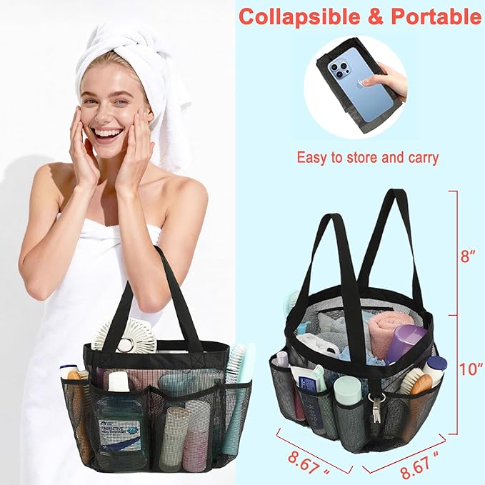 Fammart Mesh Shower Caddy Portable for College Dorm Room Essentials, 8-Pocket Large Shower Basket Tote Bag with 2 Handles for Toiletry, Bathroom, Beach, Camp, Gym