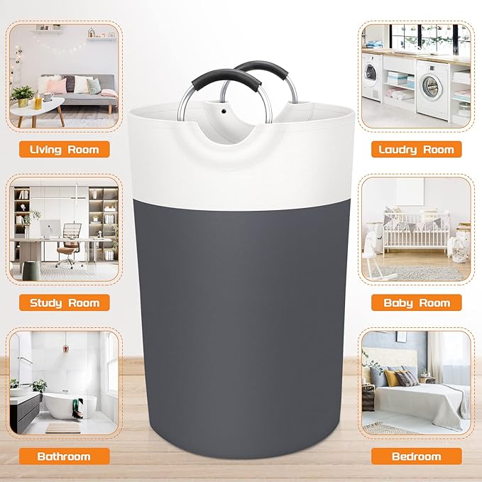 BlissTotes 115L Laundry Basket, Freestanding Laundry Hamper, Collapsible Dirty Clothes Hamper, Waterproof Fabric with Foam Protected Aluminum Handles for College, Dorm, Family (Gray)